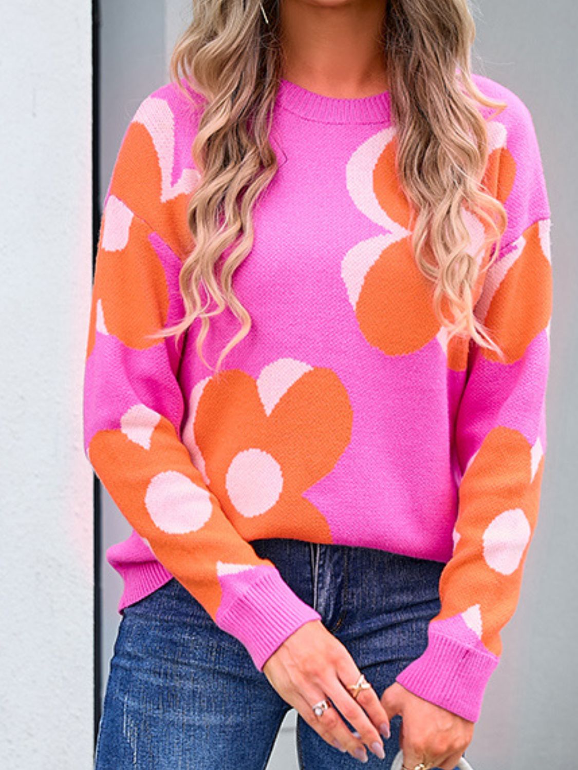 Flower Round Neck Long Sleeve Sweater - Charming Charlie