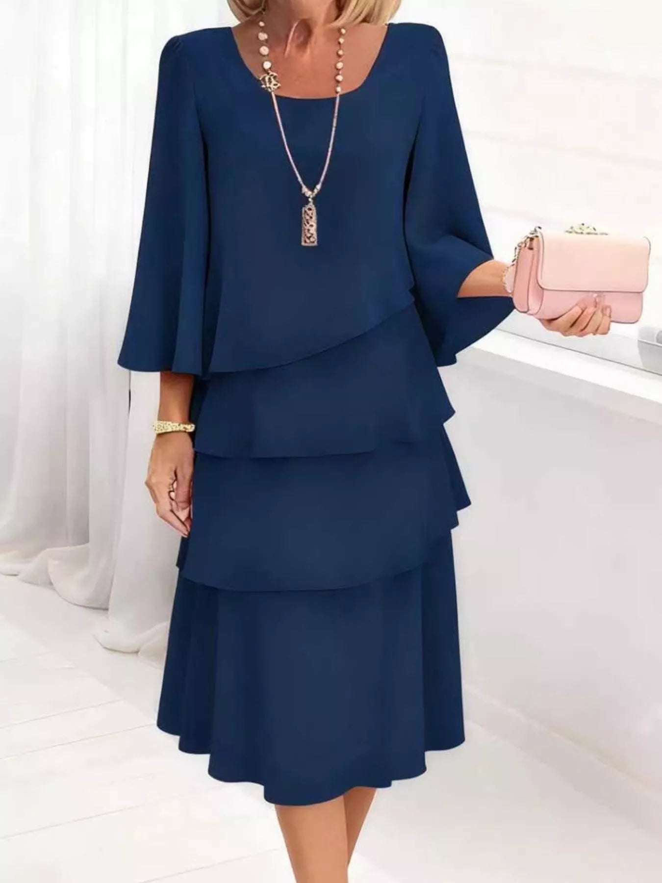 Full Size Ruffled Layered 3/4 Sleeve Dress Plus Size Dark Blue / 3XL