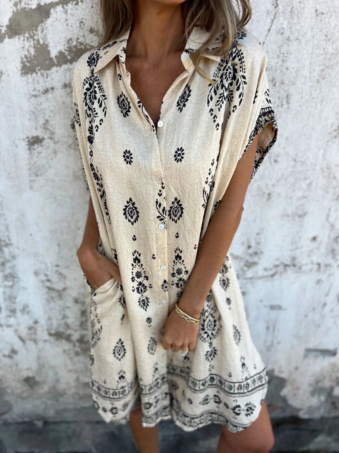 Full Size Printed Short Sleeve Button-Up Shirt Dress Plus Size Green / M
