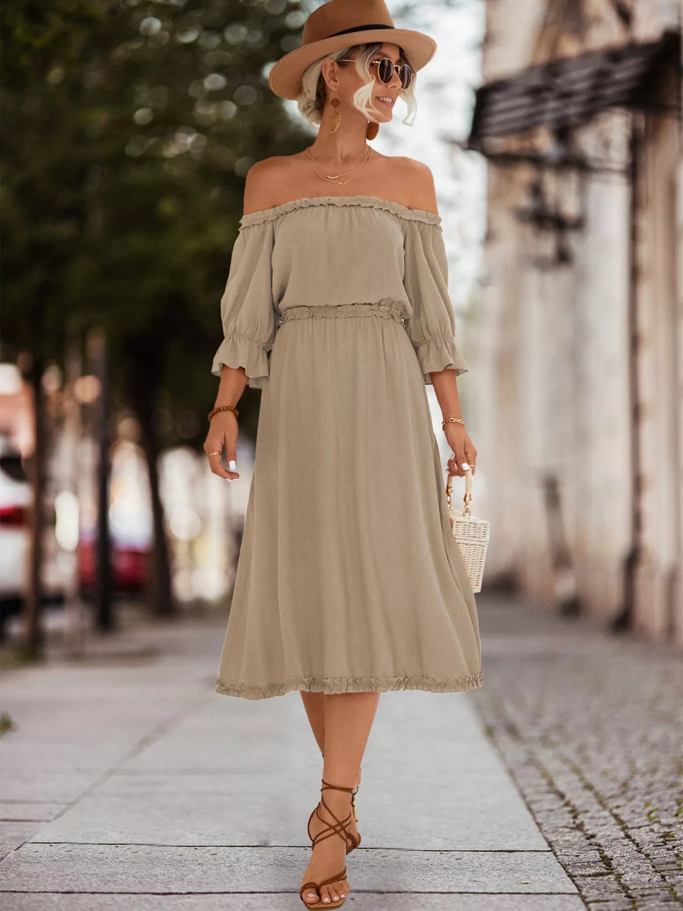 knee length dresses for ladies Wrap Flounce Midi Dress