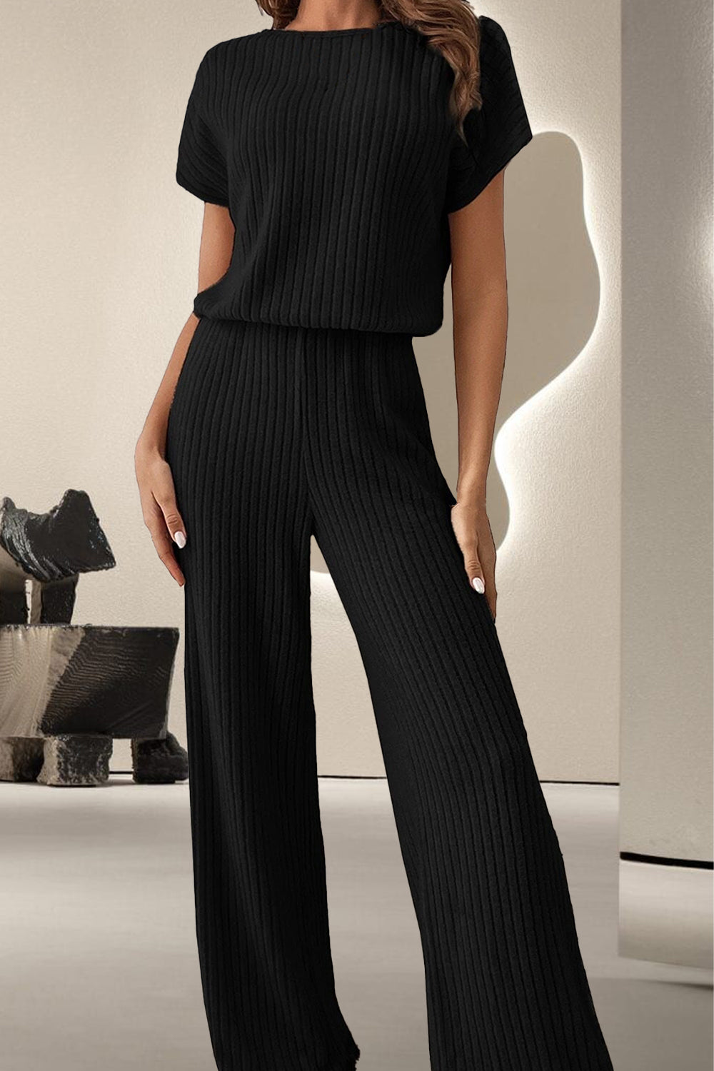 Round Neck Short Sleeve Jumpsuit - Charming Charlie