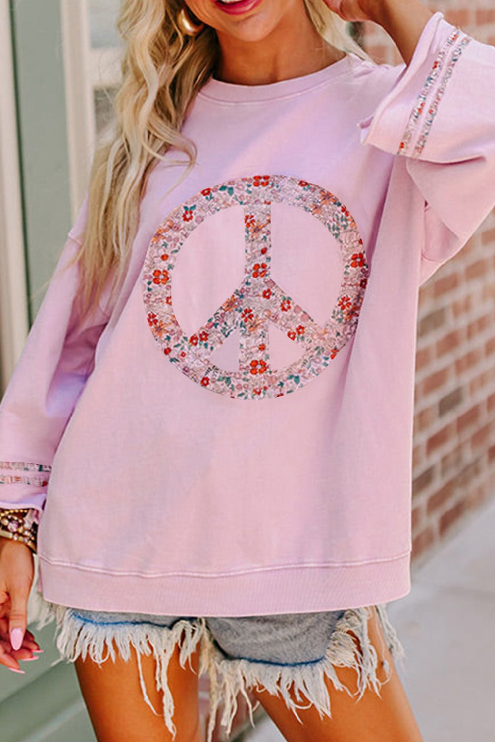 Peace Patch Round Neck Long Sleeve Top - Charming Charlie