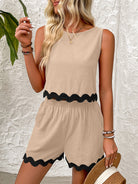 Contrast Trim Round Neck Top and Shorts Set - Charming Charlie