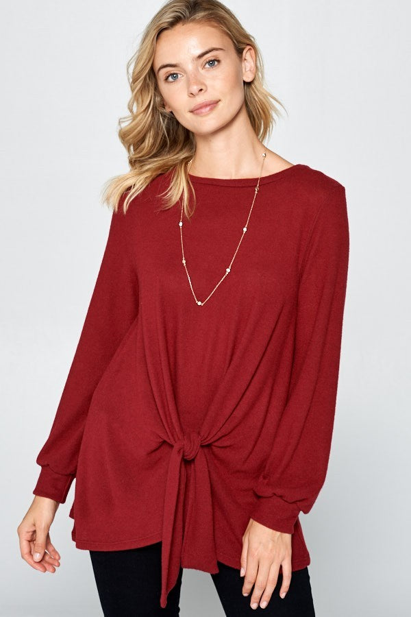 Super Lady Full Size Round Neck Knot Front Hacci Blouse - Charming Charlie