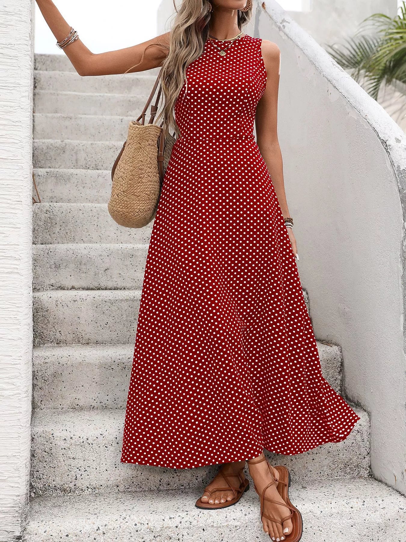 maxi red polka dot dress Sleeveless Polka Dot Maxi Dress Deep Red / L