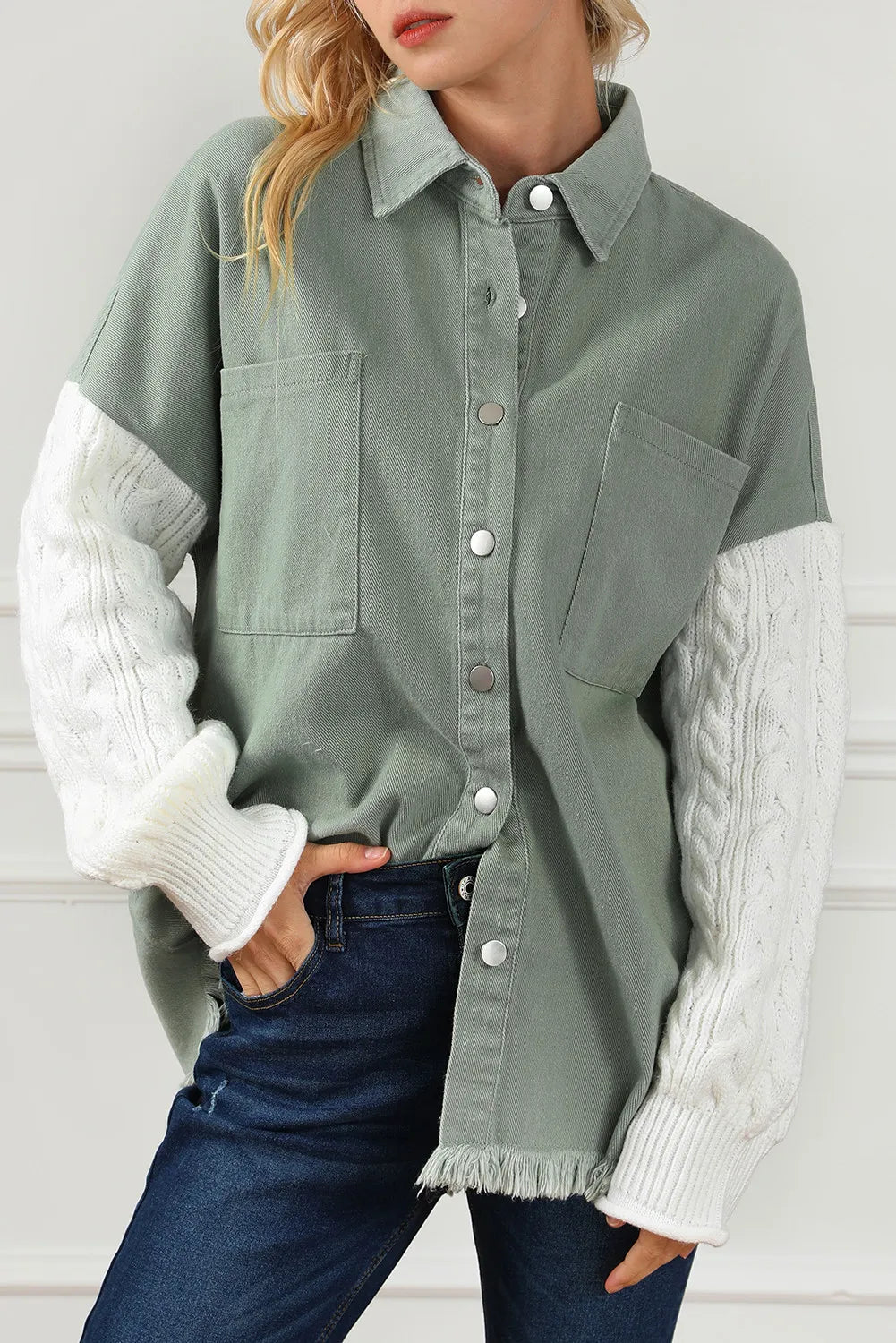 Raw Hem Collared Neck Button Up Long Sleeve Jacket - Charming Charlie