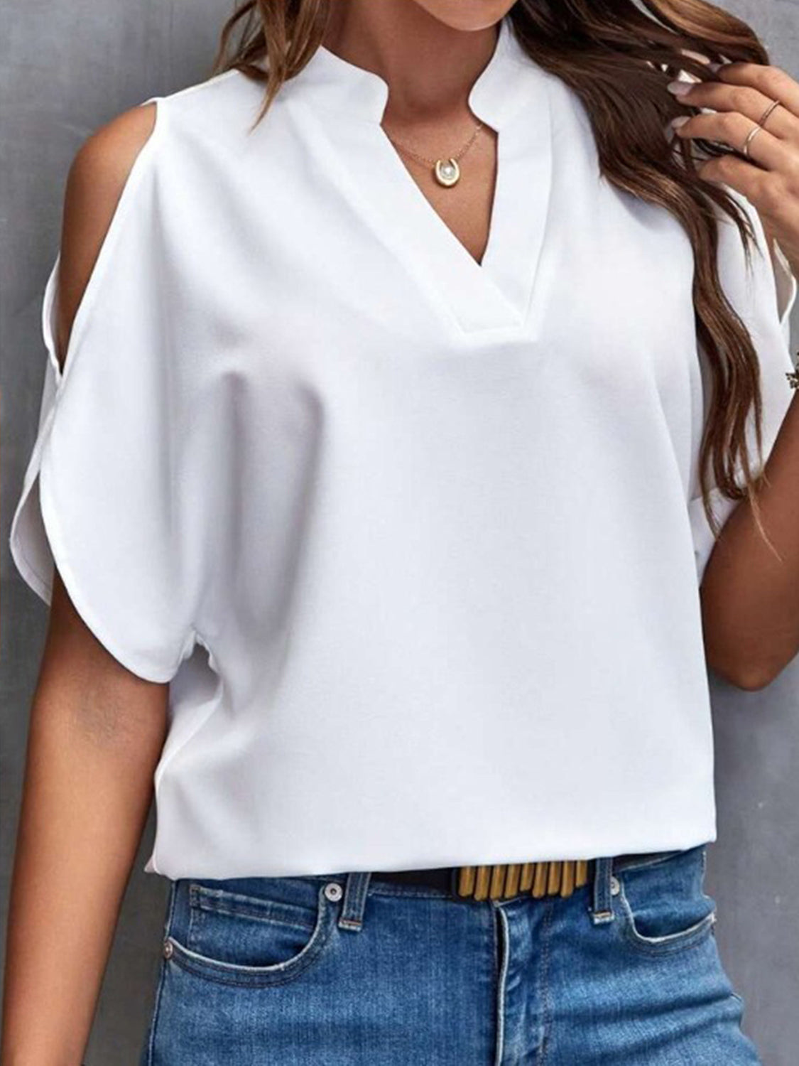 Notched Cold Shoulder Half Sleeve Blouse - Charming Charlie