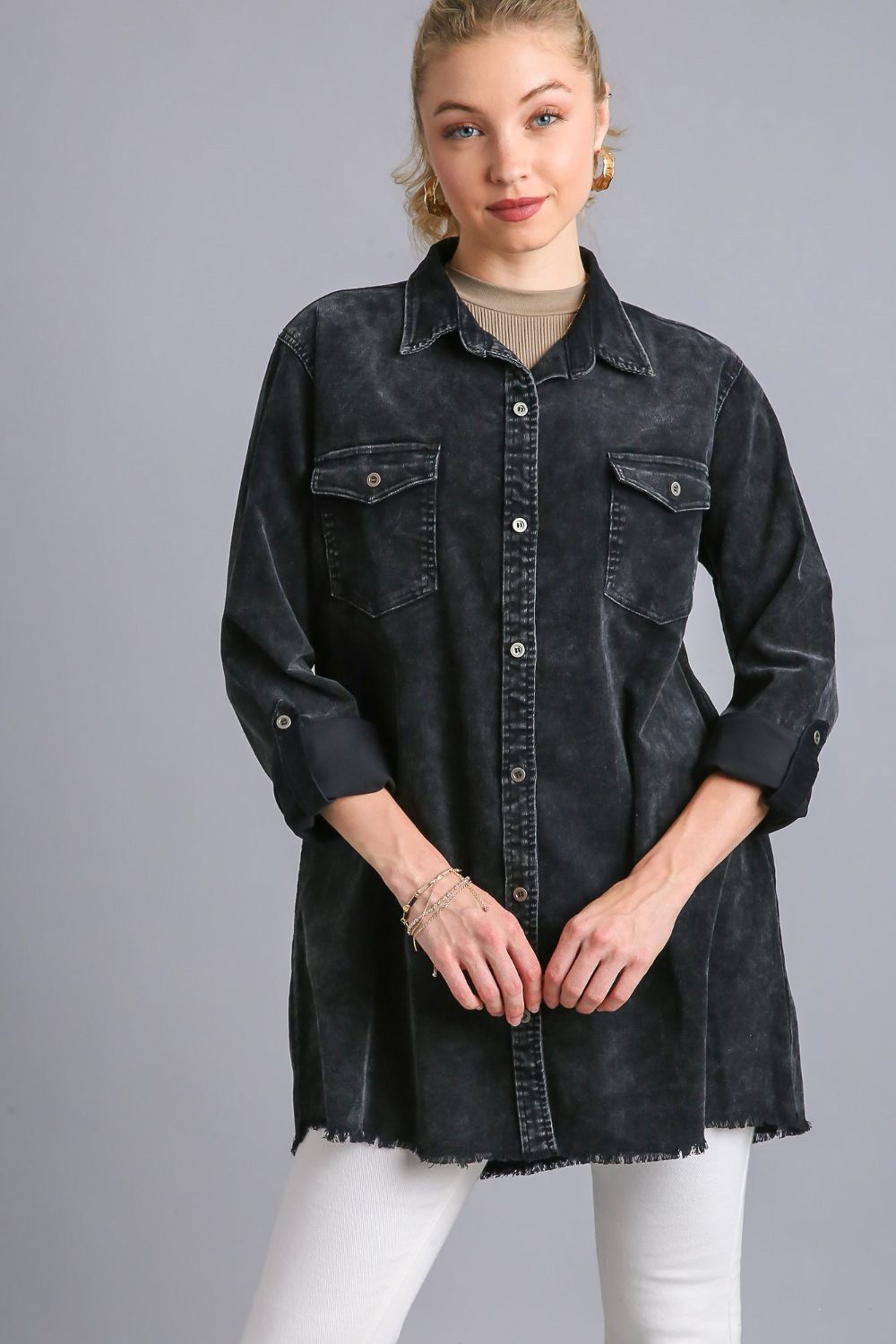 Umgee Raw Hem Button Down Denim Jacket with Chest Pockets - Charming Charlie