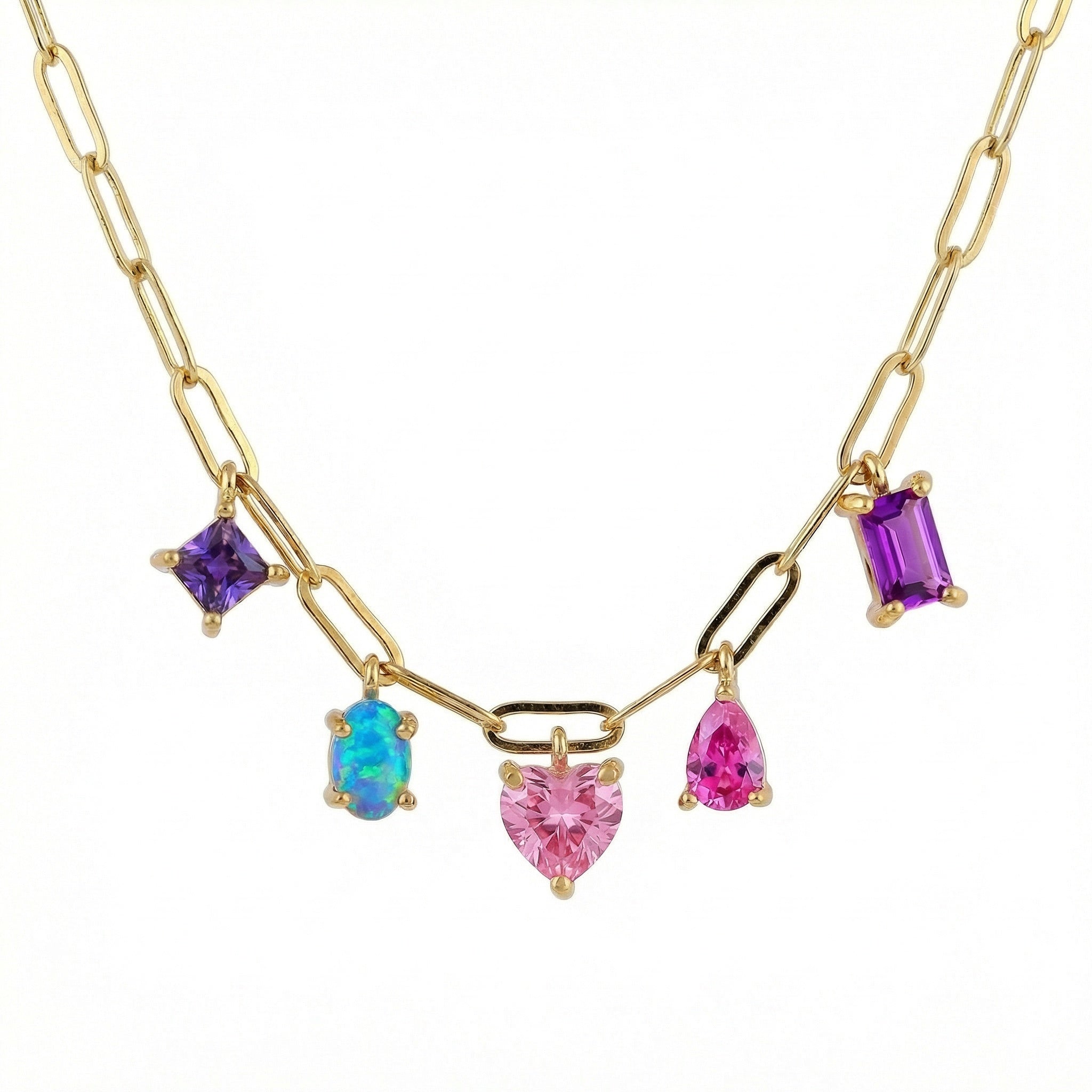 AB Square, Opal, Pink Heart, Pink Teardrop, Fuchsia Baguette Necklace, .25", .25", .25", .25", .25" - Charming Charlie