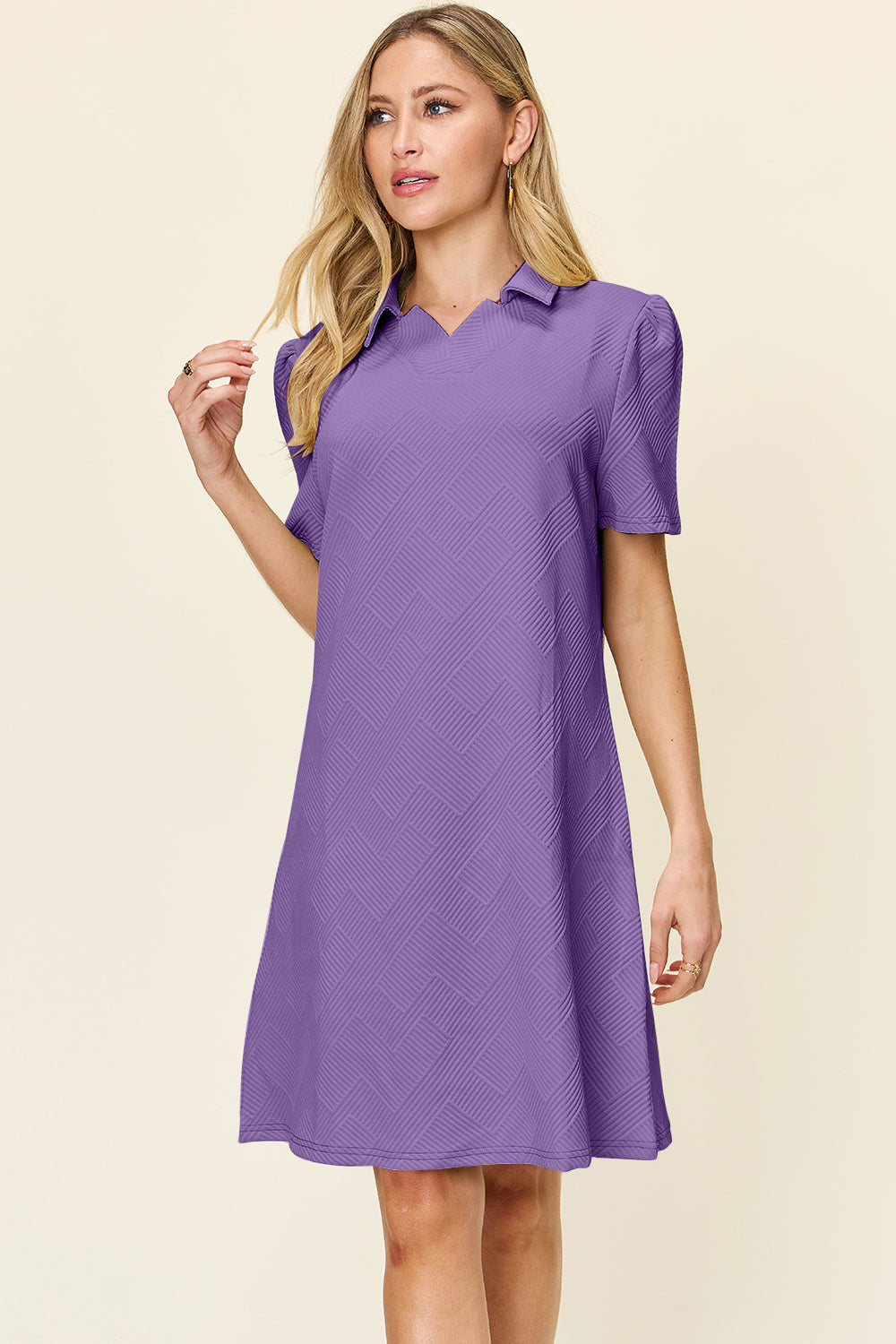 Double Take Full Size Texture Collared Neck Short Sleeve Dress - Charming Charlie