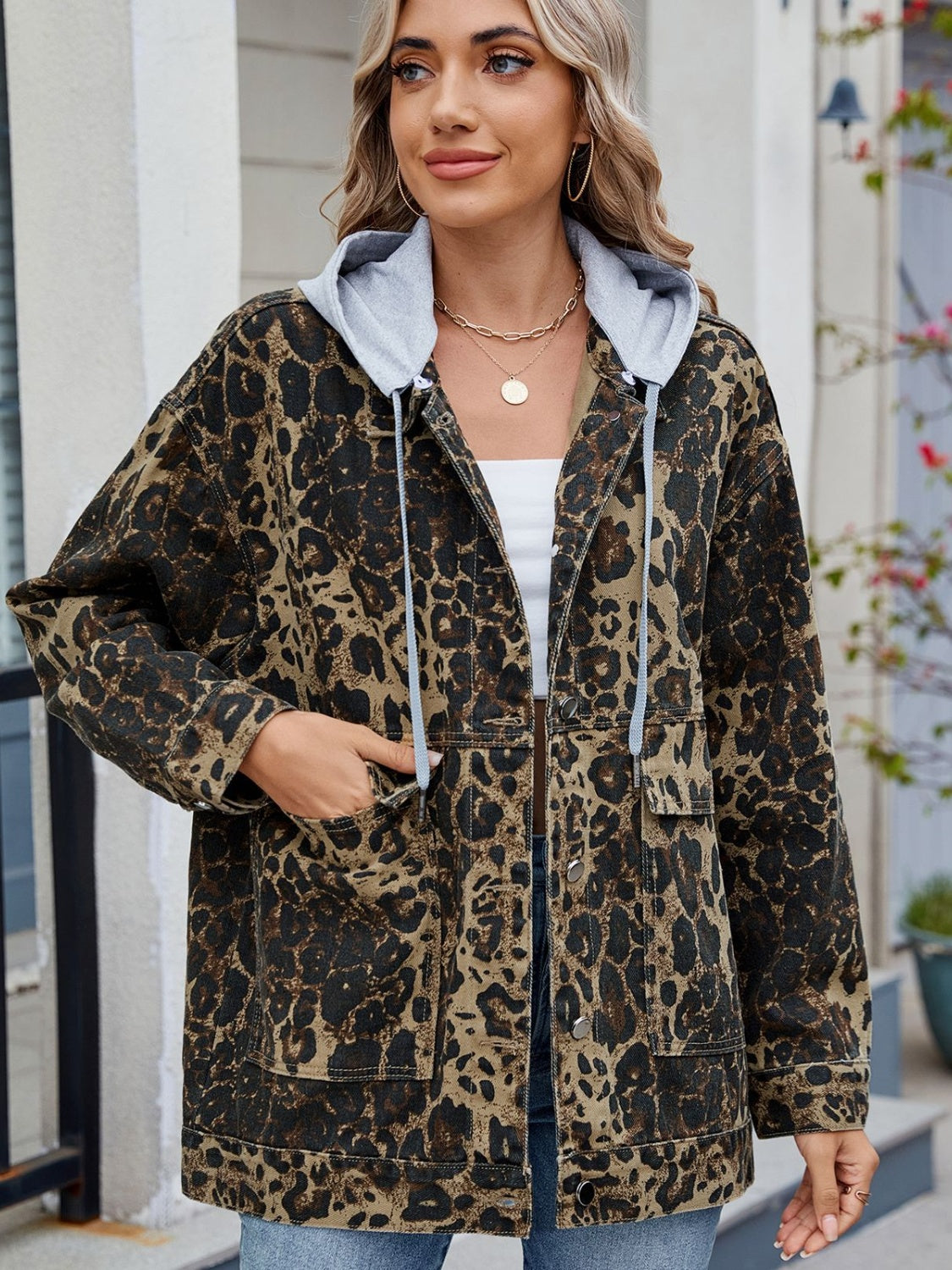Leopard Button Up Drop Shoulder Denim Jacket - Charming Charlie