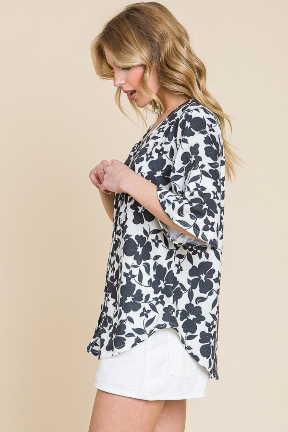 BOMBOM Floral Decorative Button V-Neck Top - Charming Charlie