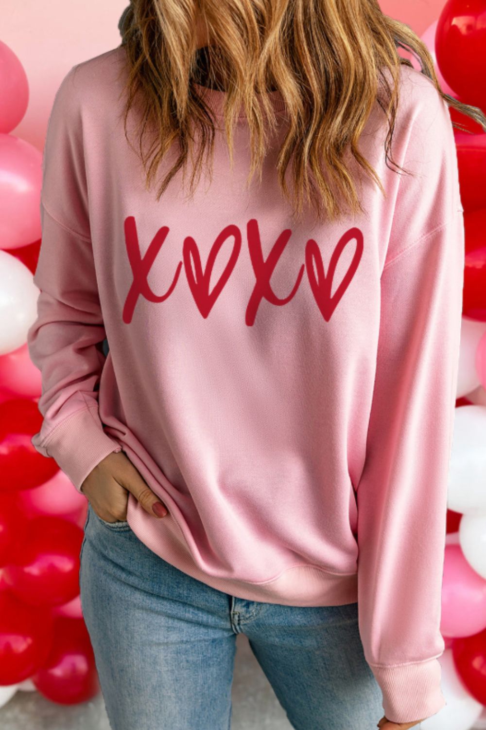 Valentine's Day XOXO Round Neck Drop Shoulder Sweatshirt