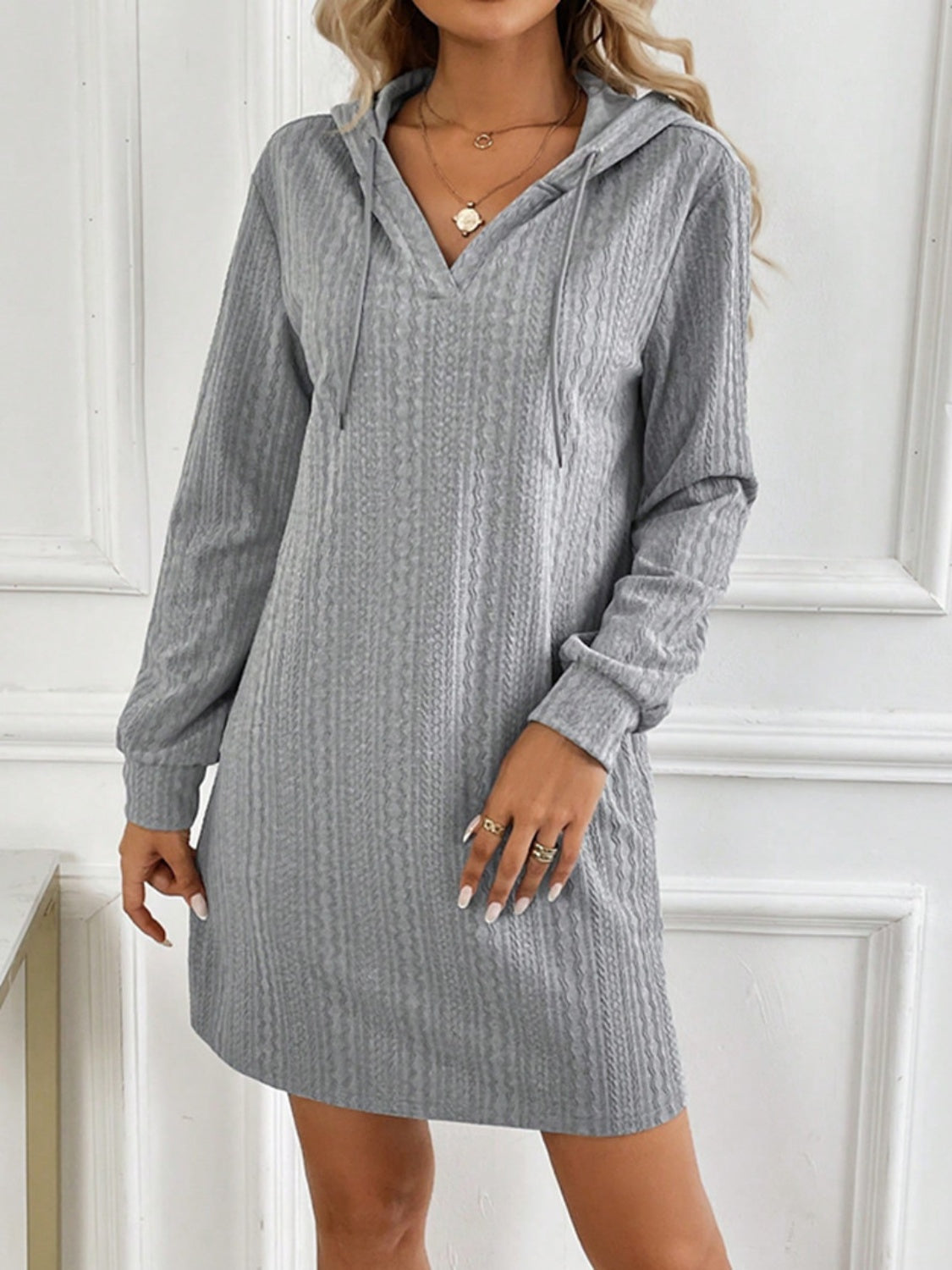 Drawstring Long Sleeve Hooded Mini Dress - Charming Charlie