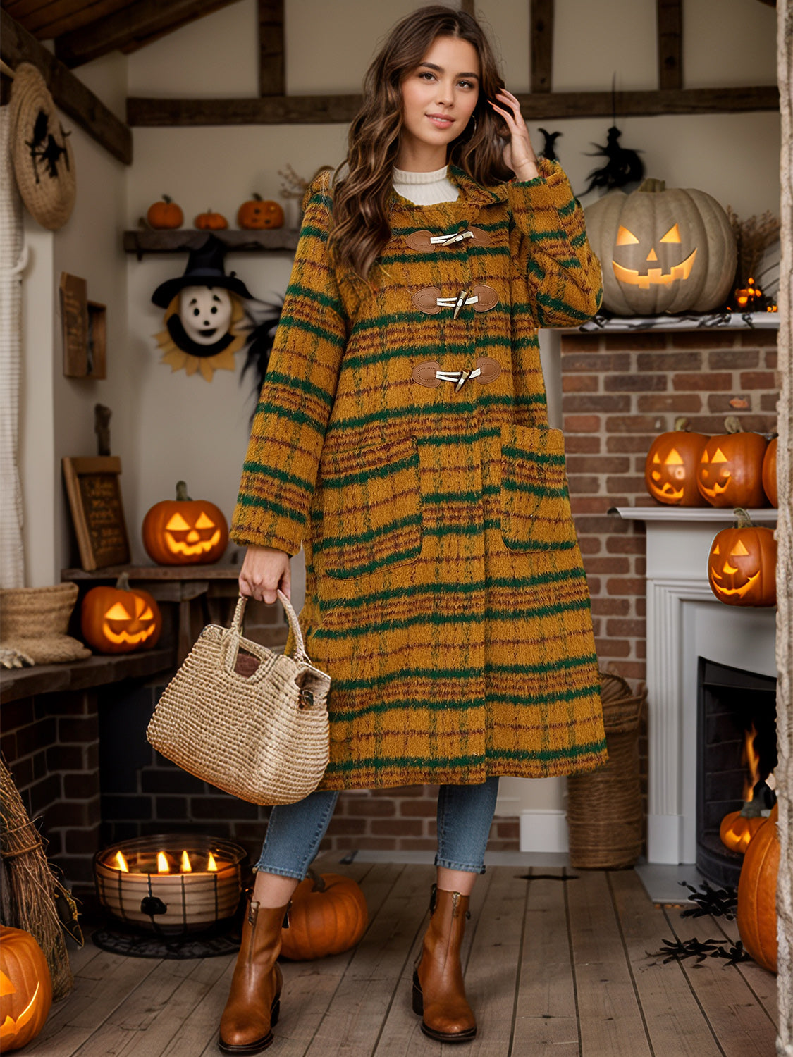 Plaid Long Sleeve Hooded Coat with Pockets - Charming Charlie