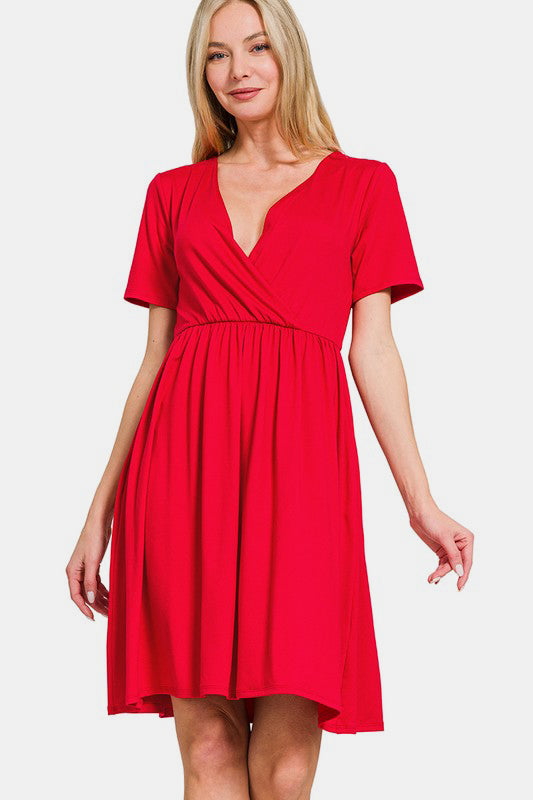 Zenana Surplice Short Sleeve Brushed DTY Dress - Charming Charlie