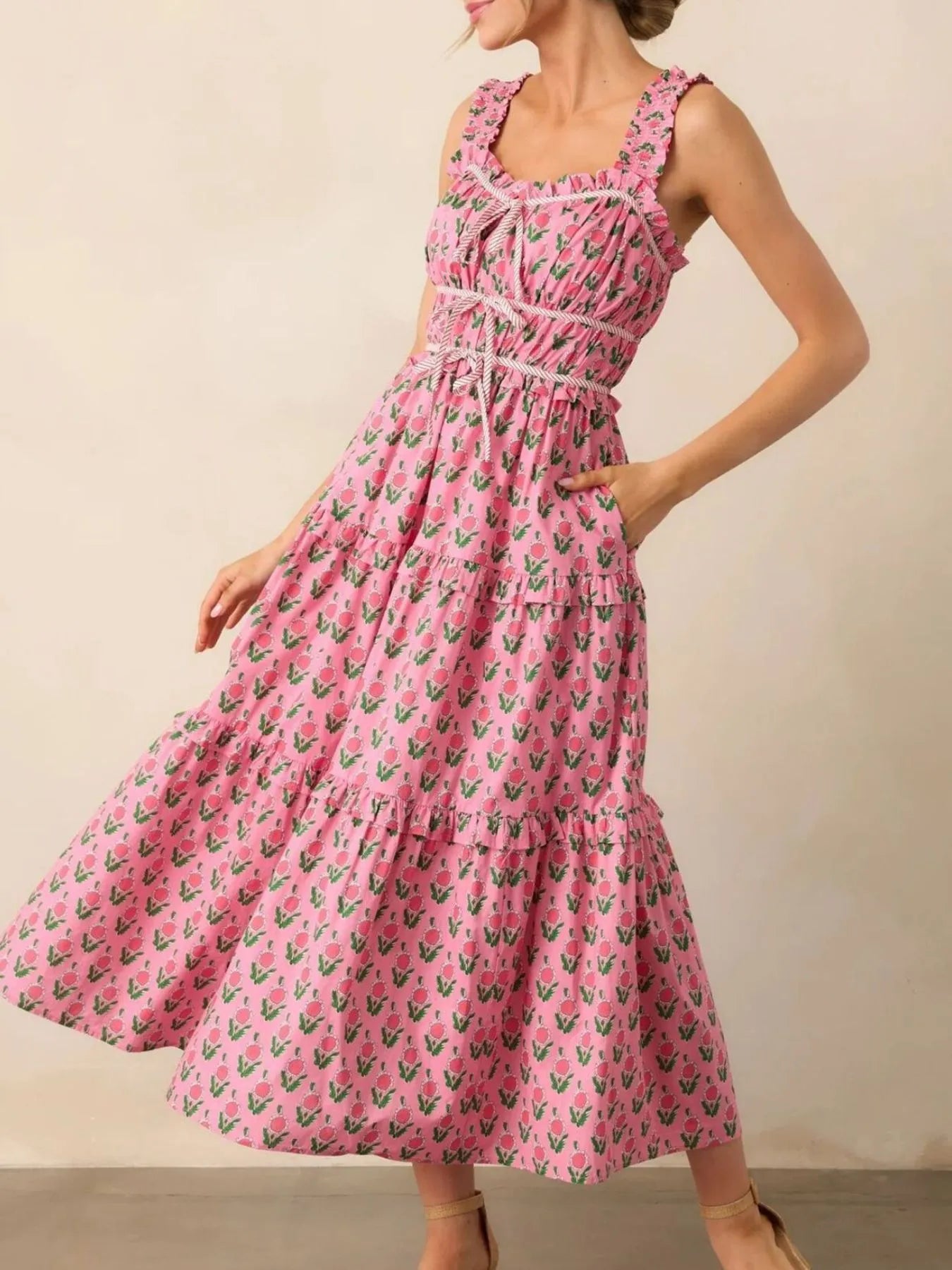 Floral Print Ruffled Midi Dress with Pockets  Charming Charlie