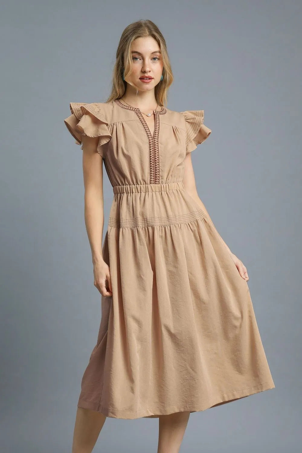 umgee collared tiered midi dress Umgee Ruffled Cap Sleeve Midi Dress with Contrast Trim Detail – Charming  Charlie