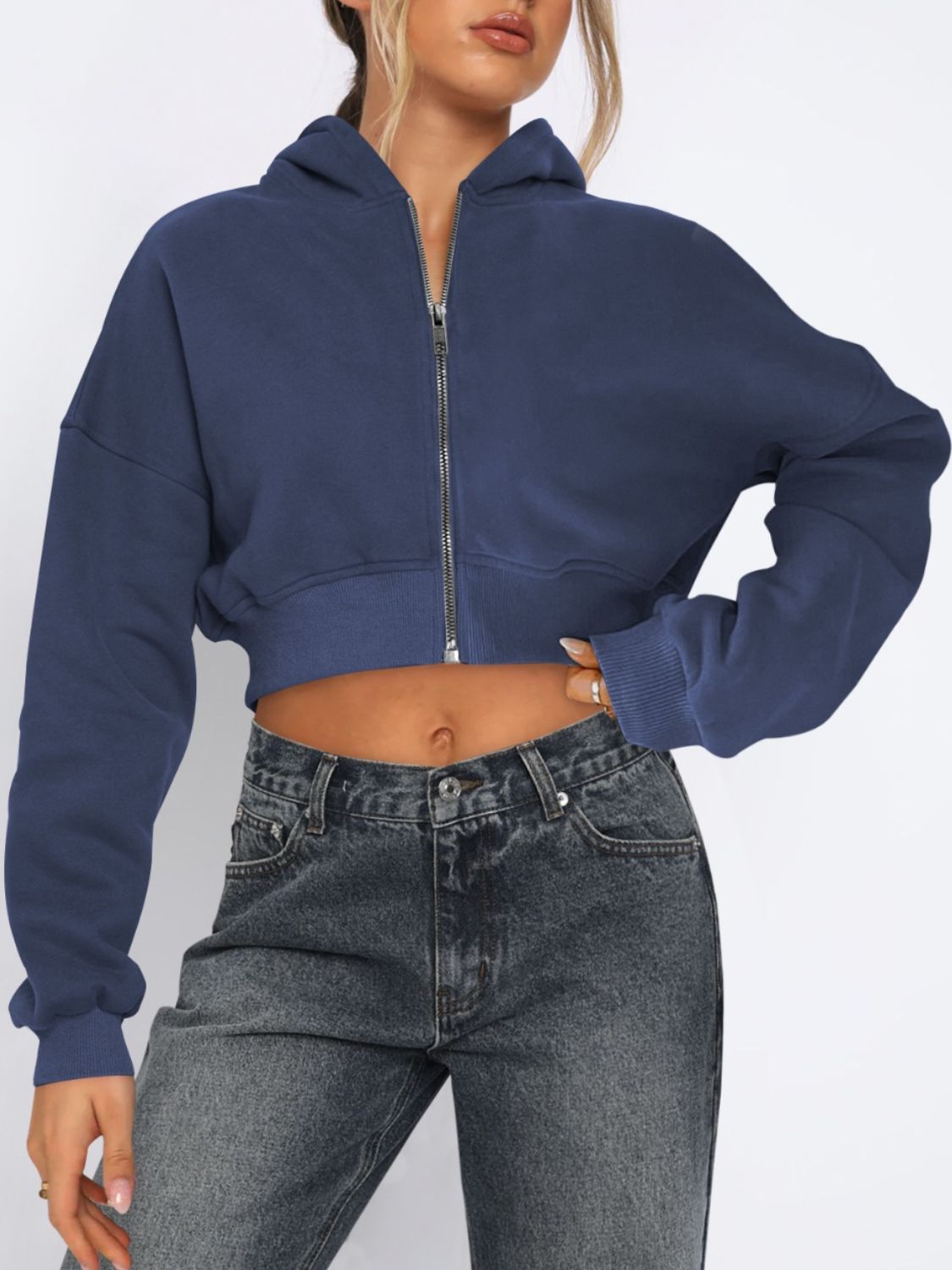 Zip Up Long Sleeve Hooded Cropped Jacket - Charming Charlie