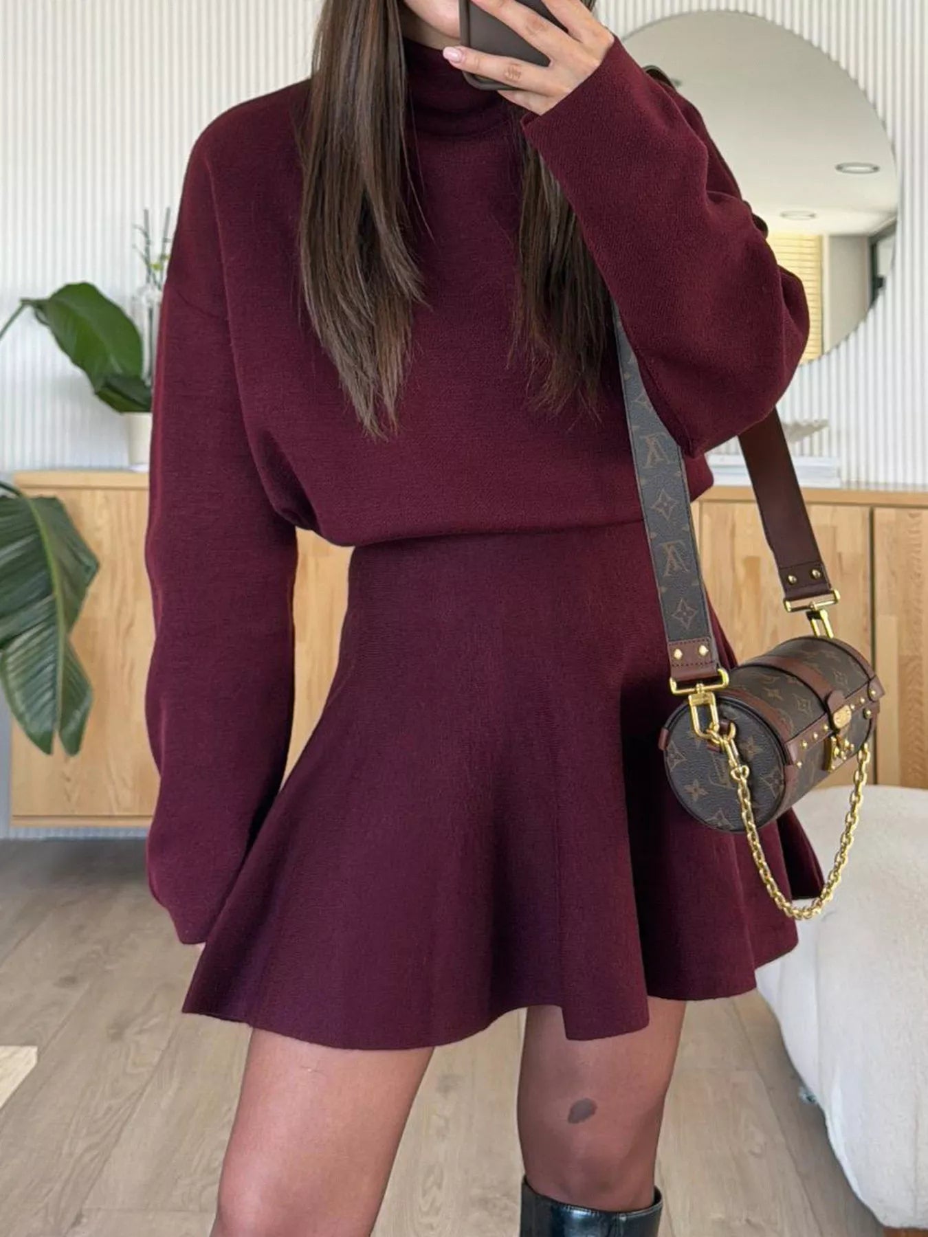 Round Neck Long Sleeve Mini Sweater Dress Burgundy / S Round Neck Long Sleeve Mini Sweater Dress Burgundy / S