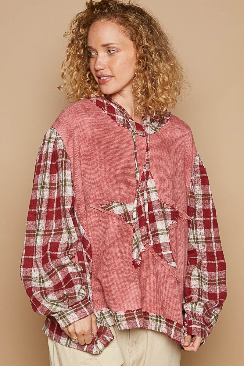 POL Star Patch Plaid Long Sleeve Hooded Top - Charming Charlie