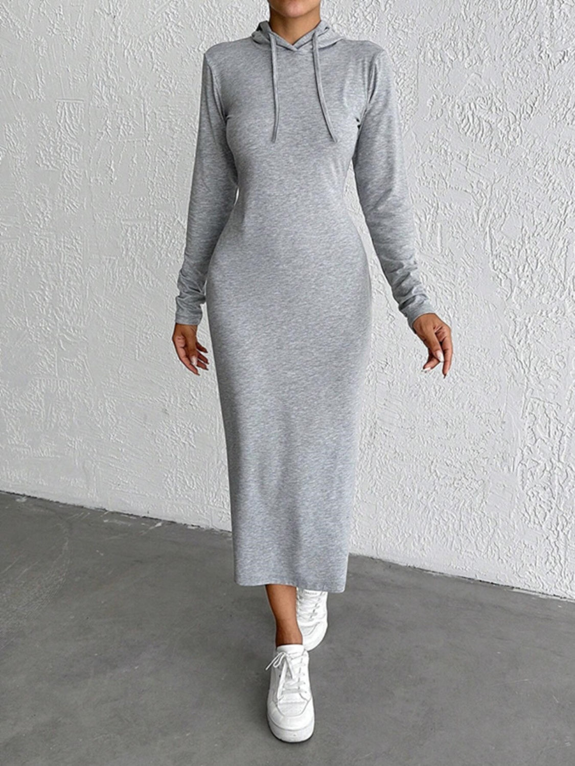 Drawstring Long Sleeve Hooded Midi Dress Gray / M