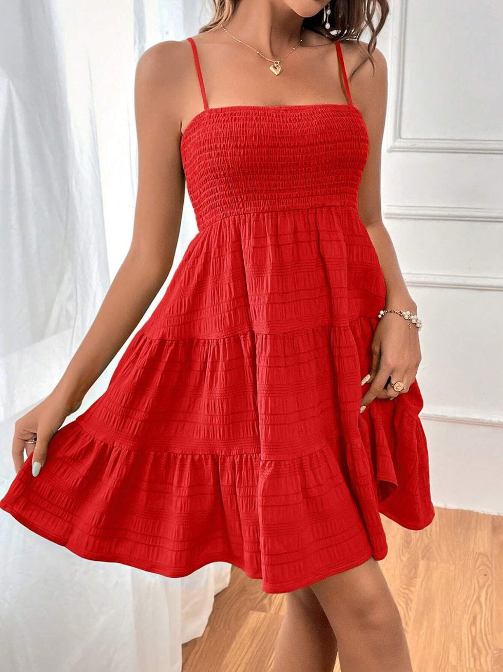 Smocked Square Neck Tiered Dress