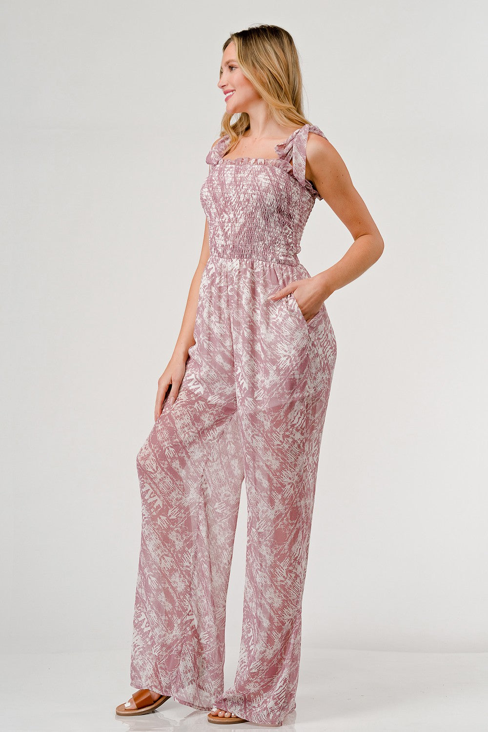 GeeGee Printed Tie Shoulder Wide Leg Jumpsuit - Charming Charlie