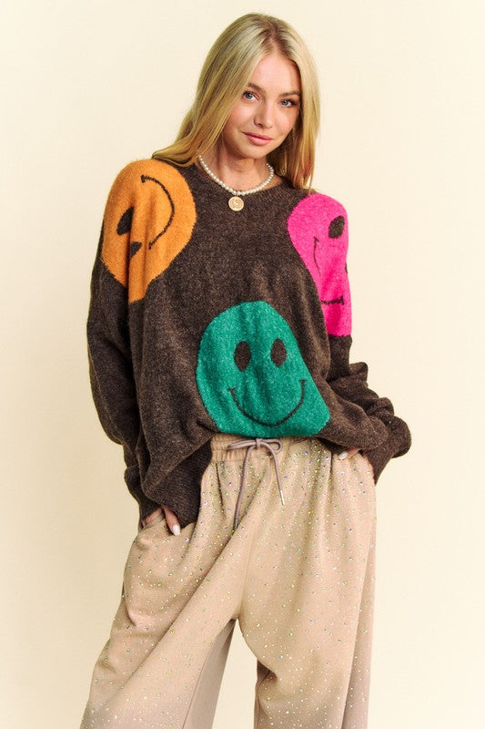 Davi & Dani Contrast Smile Round Neck Oversize Sweater - Charming Charlie