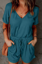 Full Size Drawstring V-Neck Short Sleeve Romper - Charming Charlie