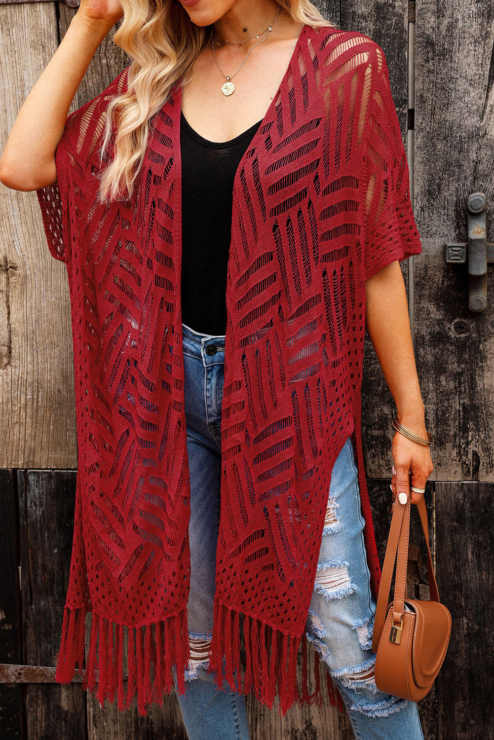 Openwork Open Front Cardigan with Fringes - Charming Charlie