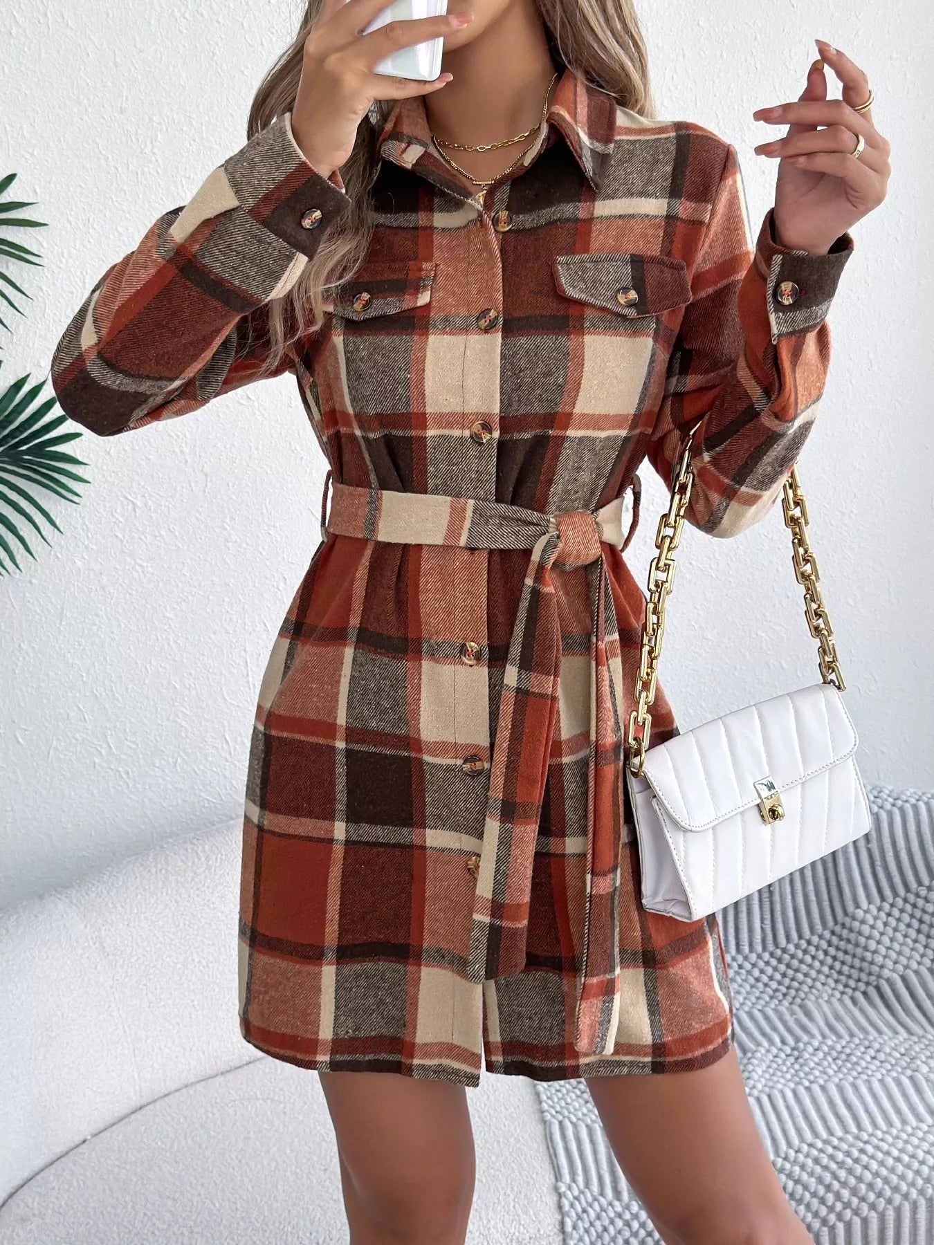 Plaid Button Front Tie Waist Shirt Dress Green / L