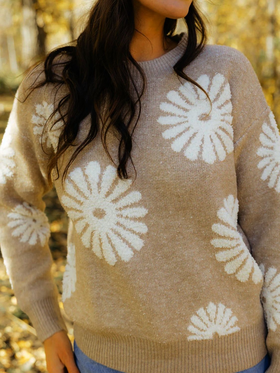 Flower Round Neck Long Sleeve Sweater - Charming Charlie