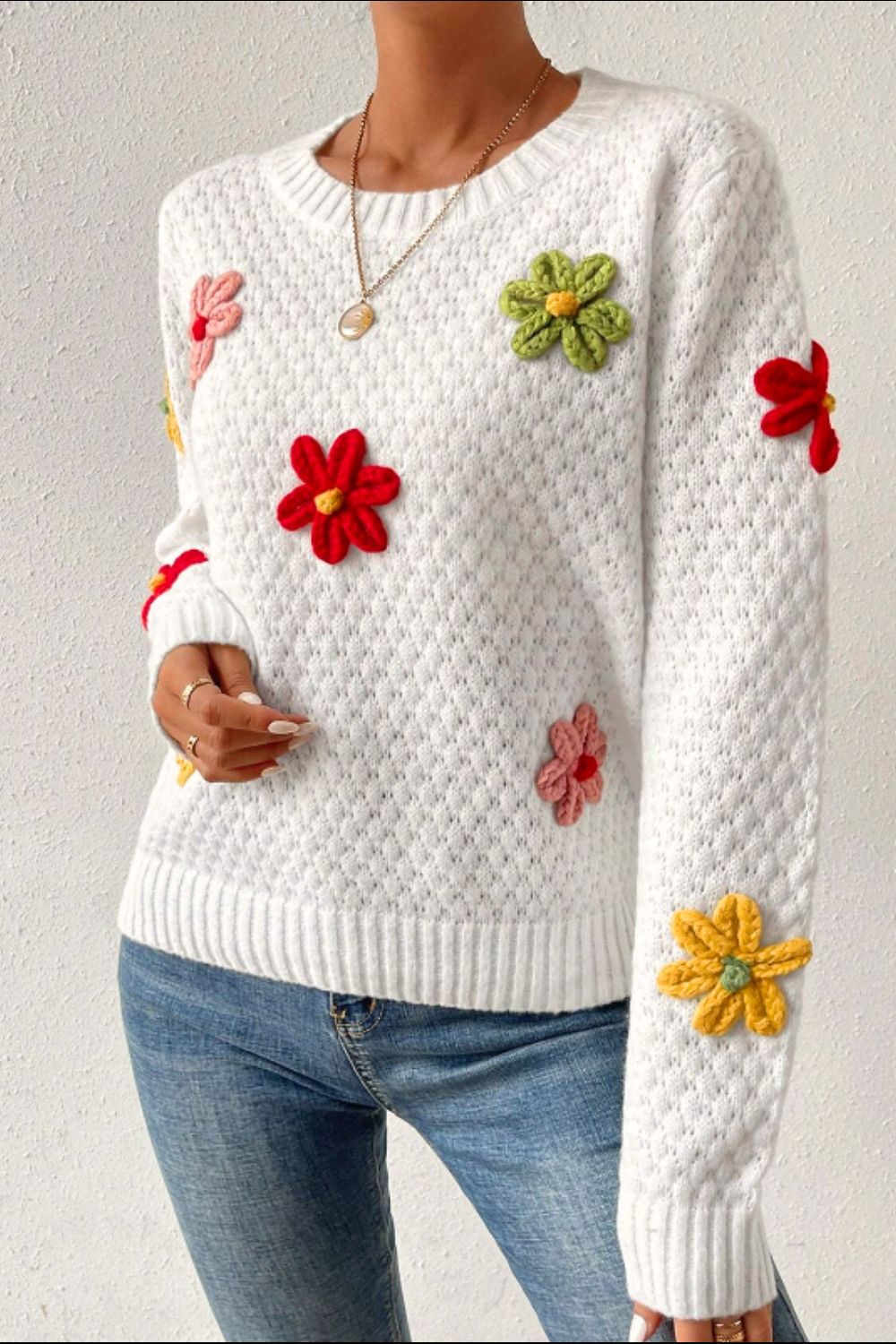 Crochet Flower Round Neck Long Sleeve Sweater - Charming Charlie