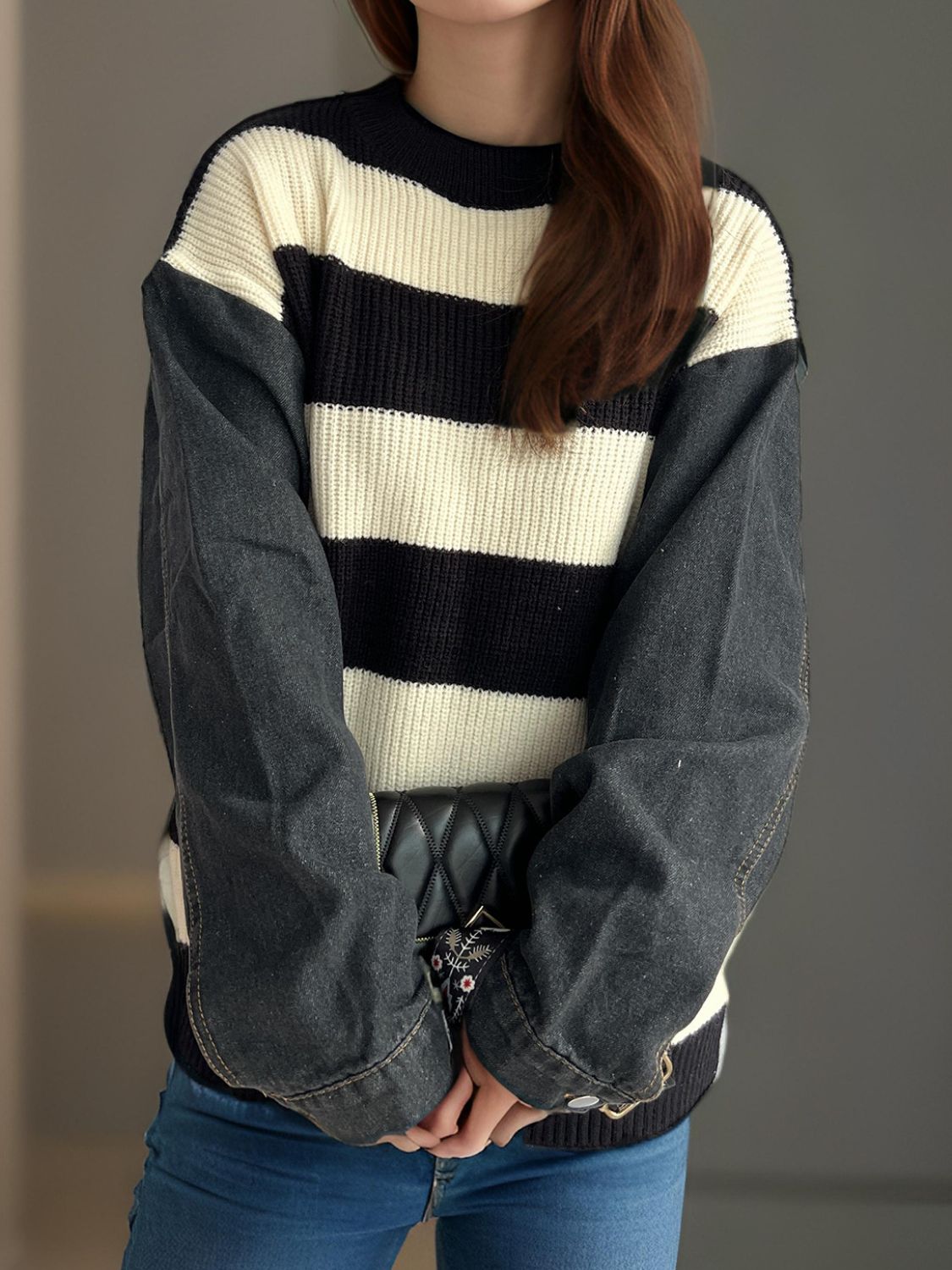 Contrast Round Neck Long Sleeve Sweater - Charming Charlie