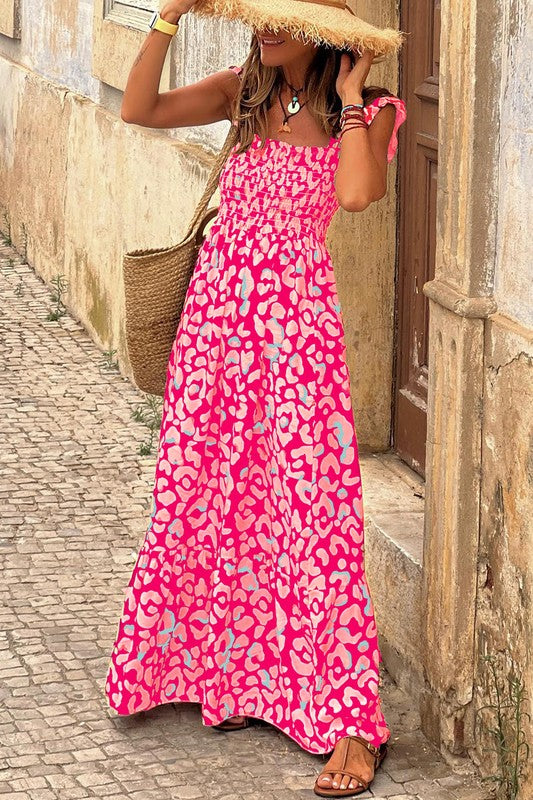 leopard ruffle maxi dress Pink Leopard Ruffle Straps Smocked High Waist Maxi Pink / M