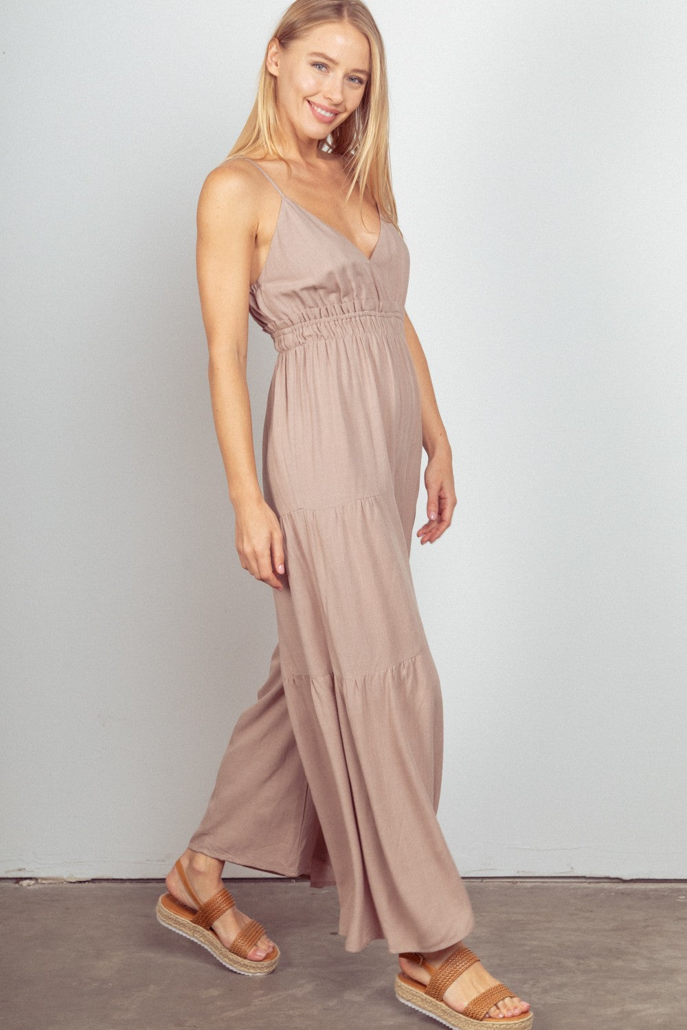 VERY J Sleeveless Ruched Wide Leg Jumpsuit - Charming Charlie