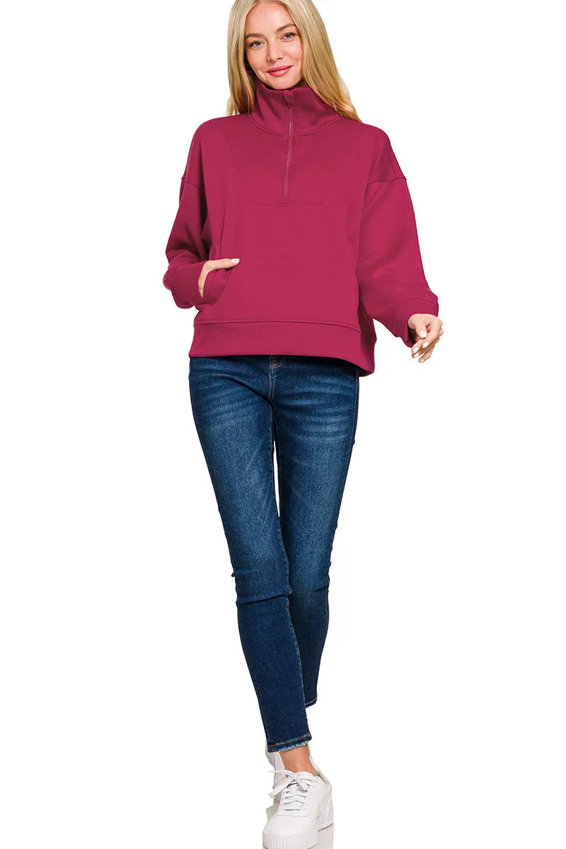 Zenana Scuba Half Zip Sweatshirt with Pockets – Charming Charlie