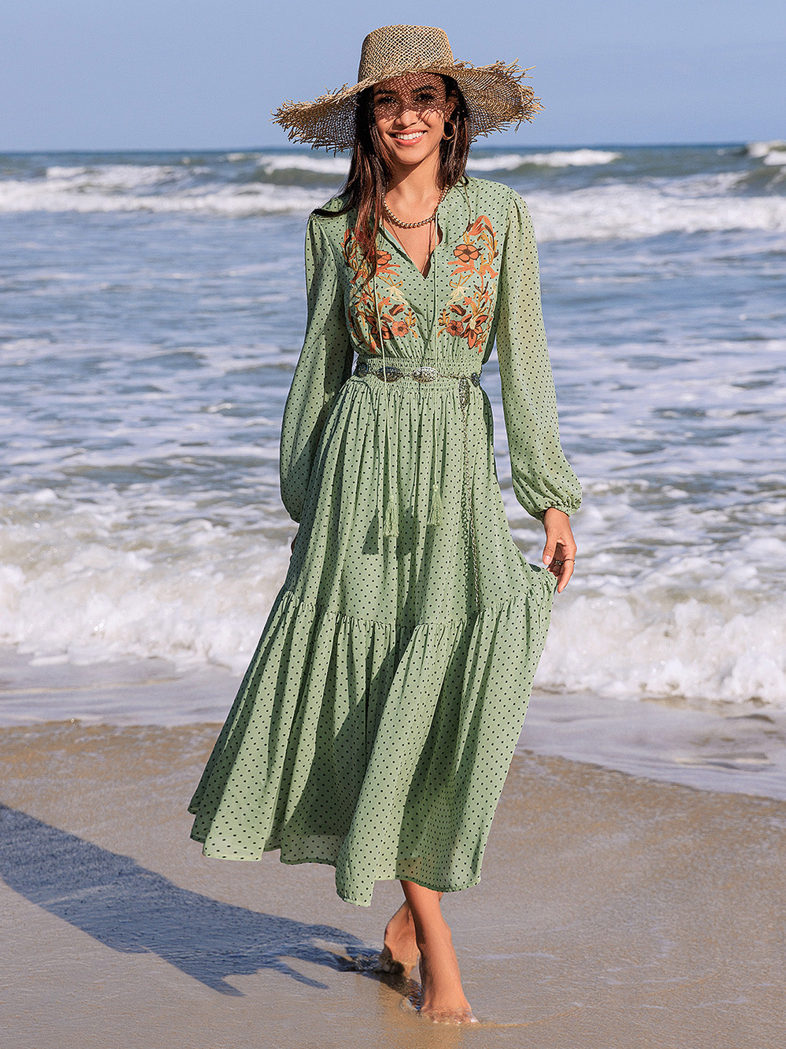 Embroidered Polka Dot Tie Neck Long Sleeve Midi Dress – Charming