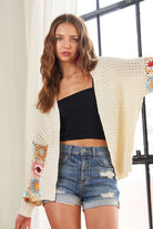 ADORA Full Size Contrast Crochet Open Front Long Sleeve Cardigan - Charming Charlie