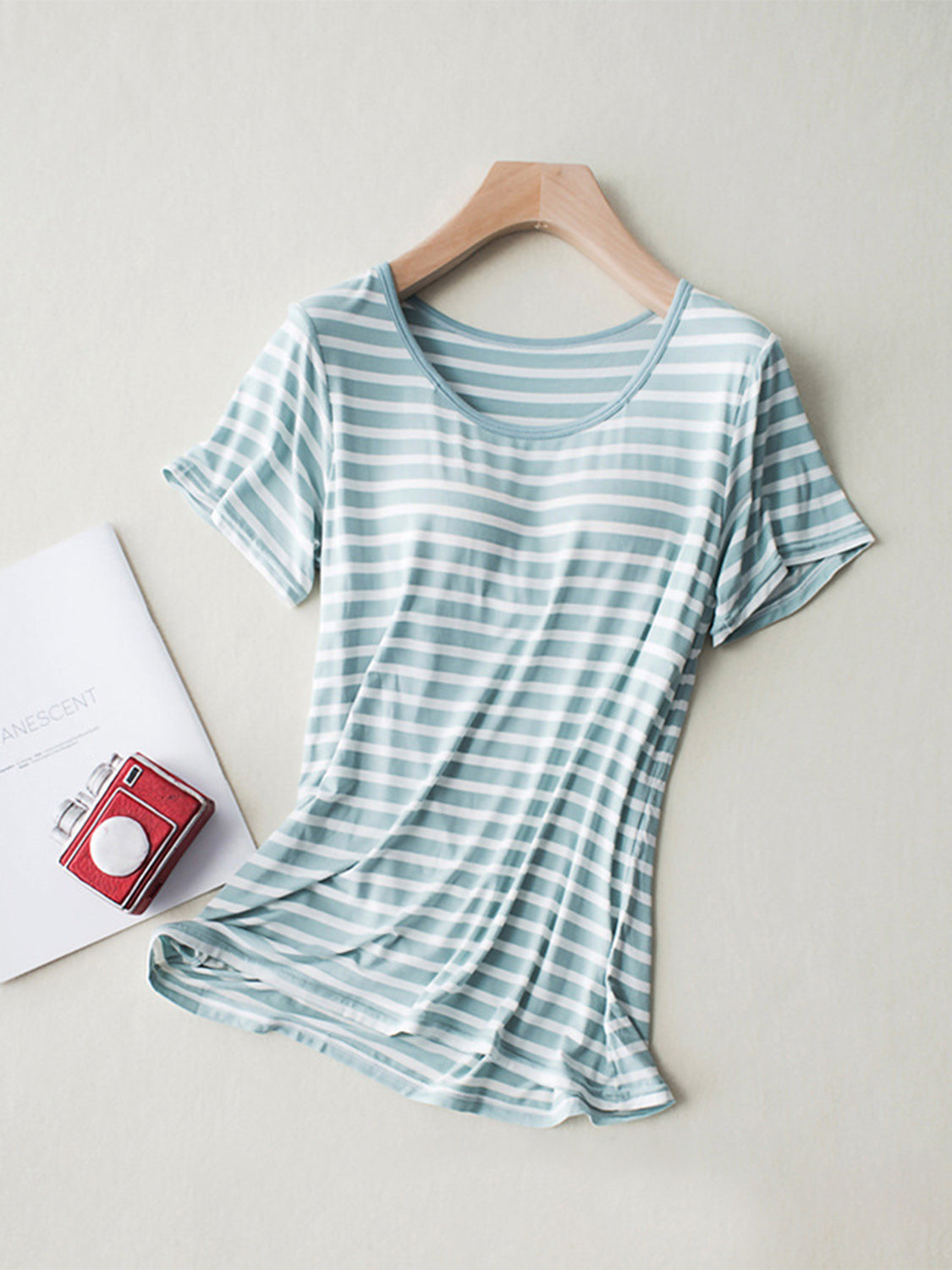 Striped Round Neck Short Sleeve T-Shirt with Bra - Charming Charlie