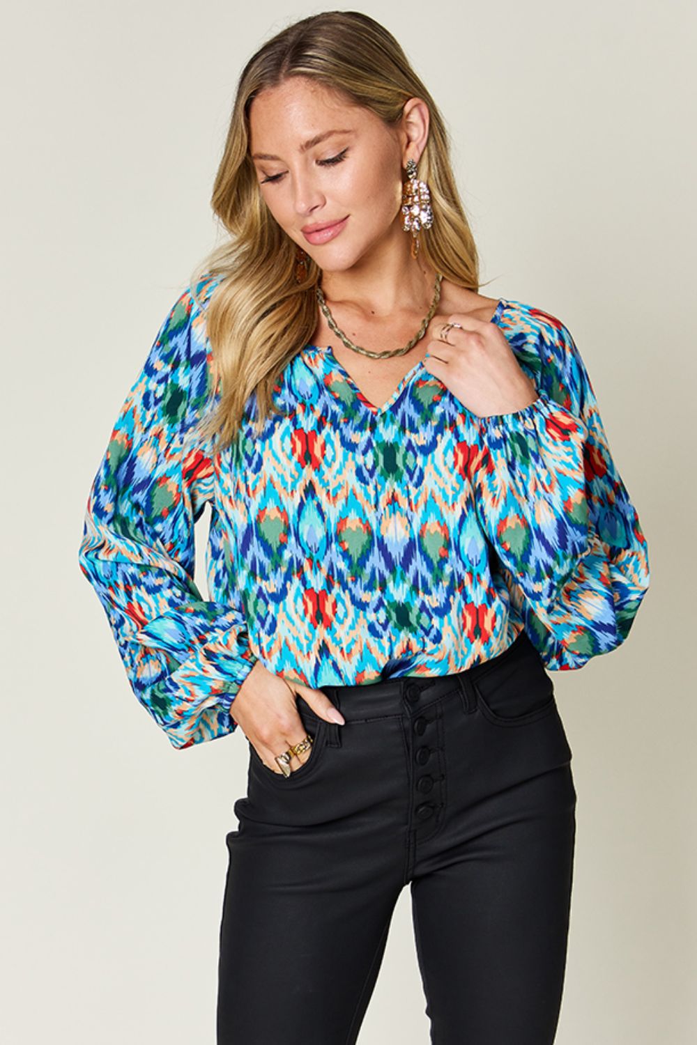 Double Take Full Size Printed Balloon Sleeve Blouse - Charming Charlie