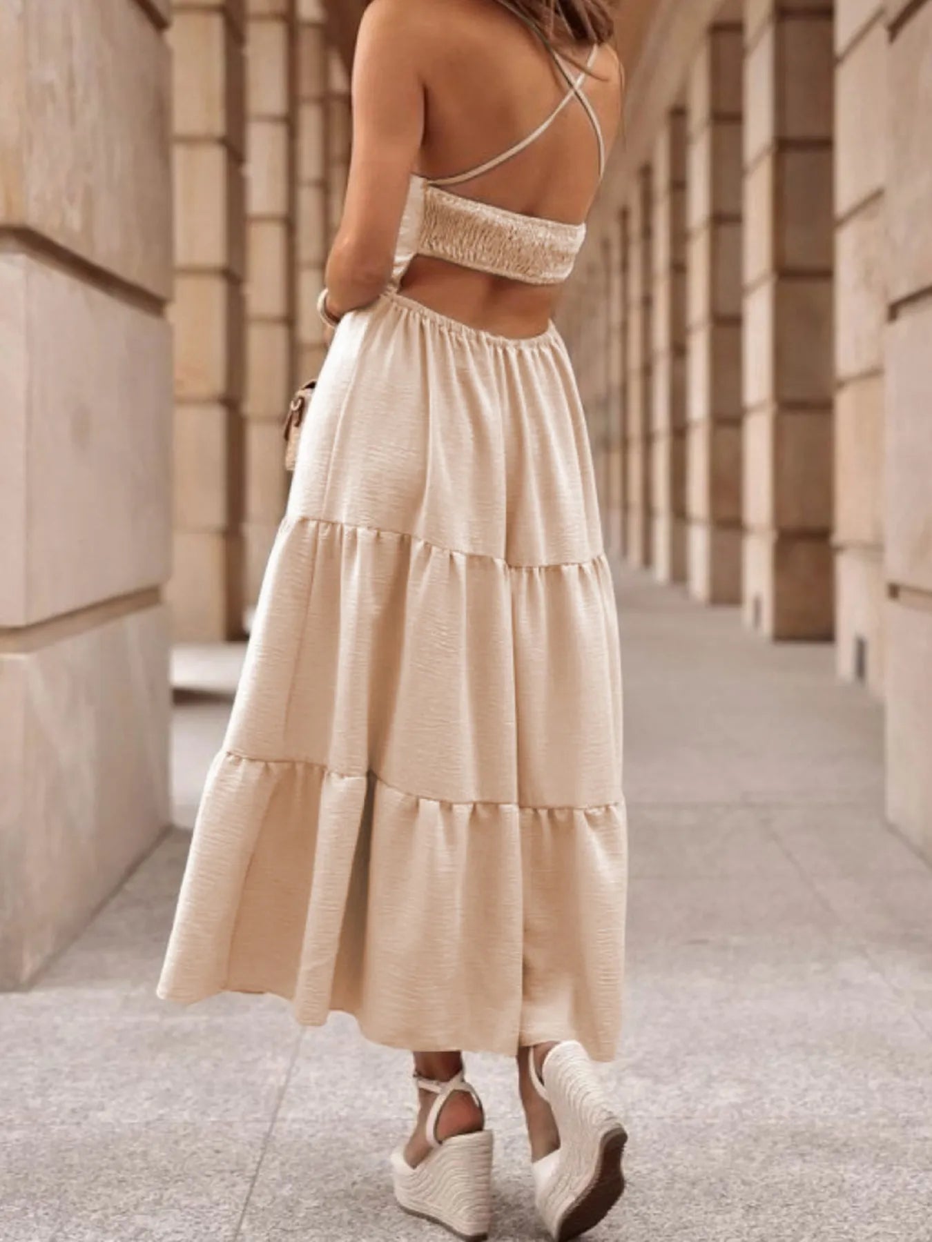 maxi crossover dress Crossover Backless Bodice Tiered Maxi Dress – Charming Charlie