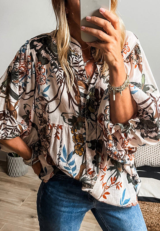 Printed Notched Flounce Sleeve Blouse - Charming Charlie