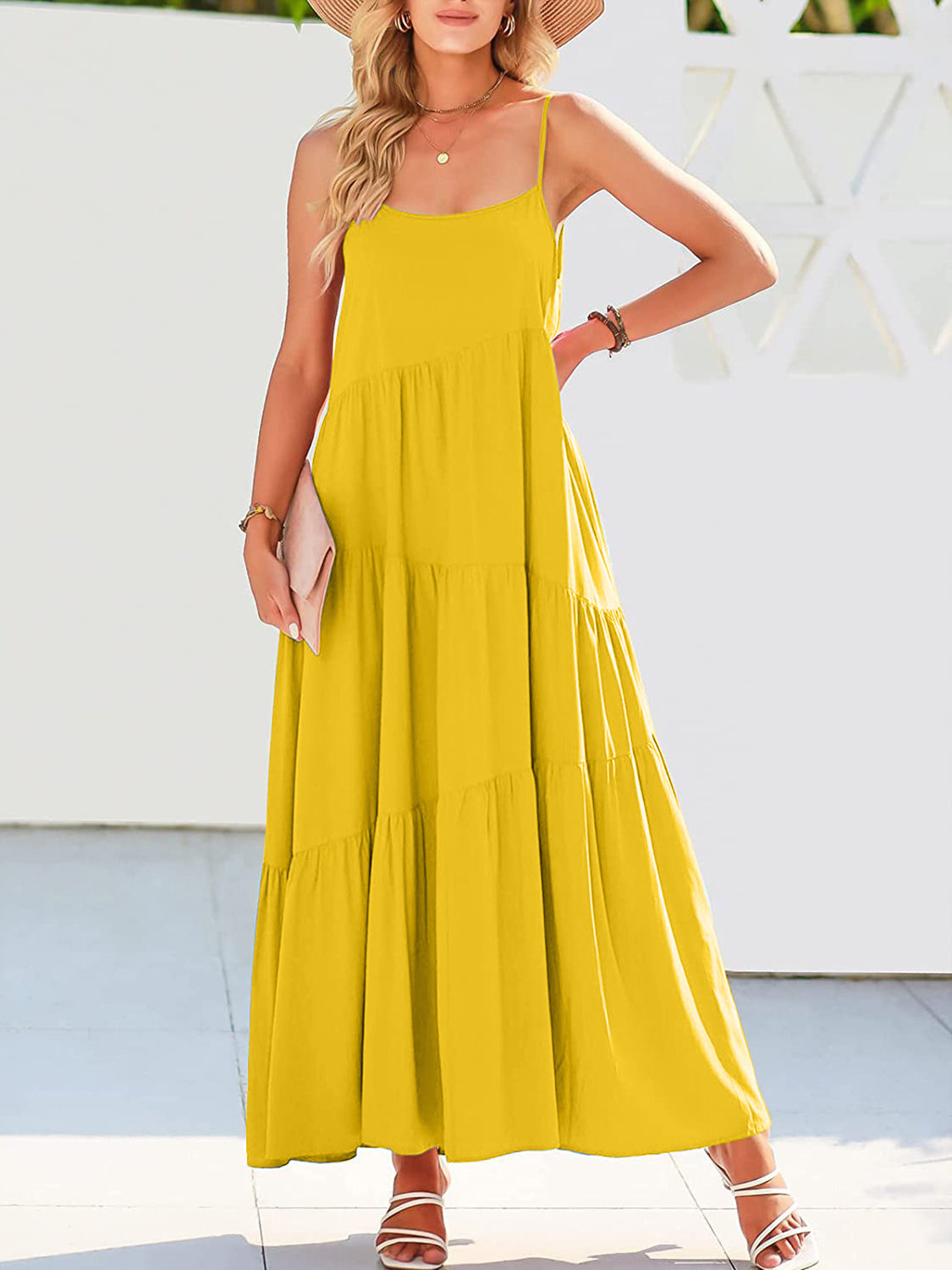 Spaghetti Straps Ruched Tiered Dress With Slit Emerald