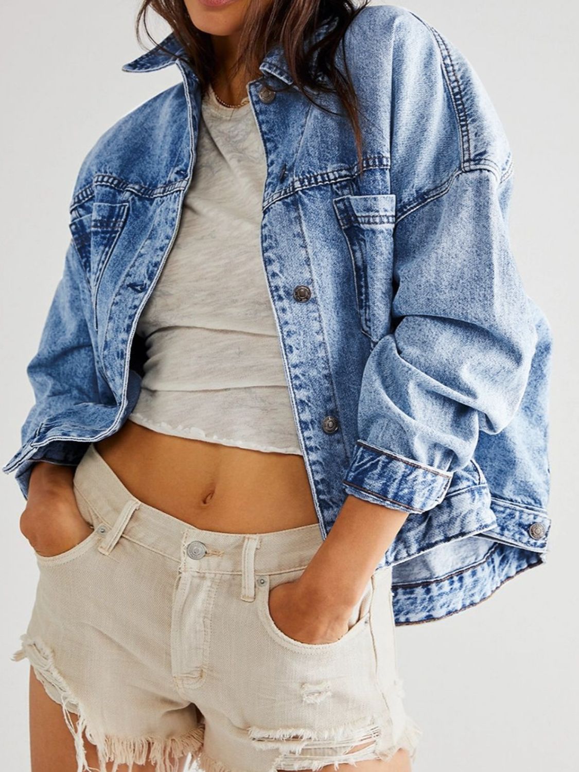 Pocketed Button Up Denim Jacket - Charming Charlie