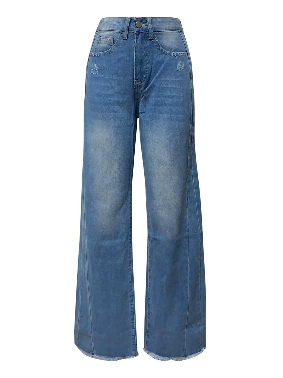 High Rise Clean Cut Raw Hem Wide Leg Jeans - Pastel Turquoise
