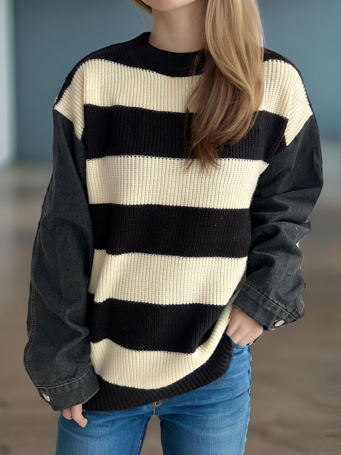 Contrast Round Neck Long Sleeve Sweater - Charming Charlie