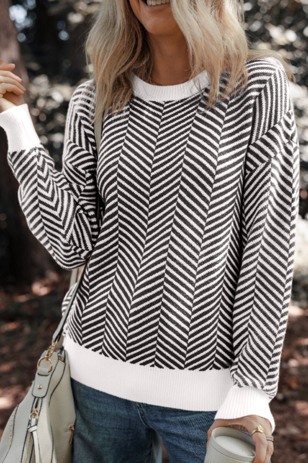 Striped Round Neck Long Sleeve Sweater - Charming Charlie