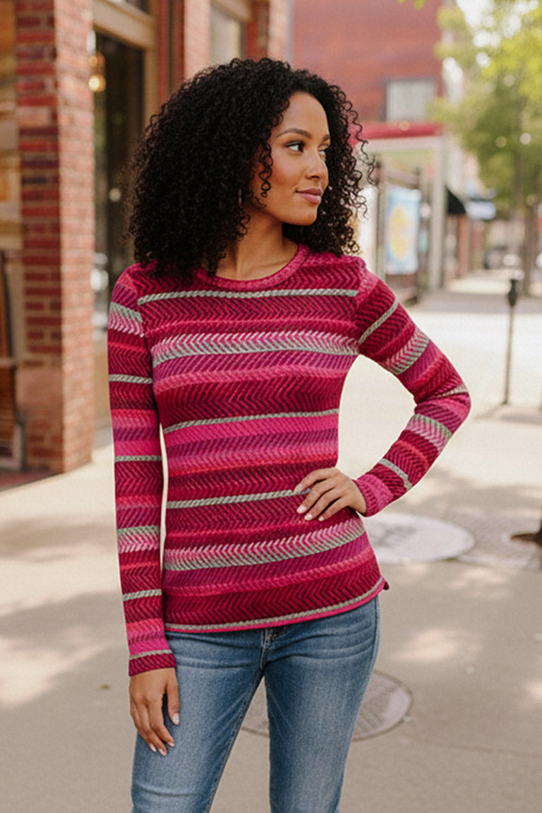 Keep Me Guessing Magenta Herringbone Long Sleeve - Charming Charlie